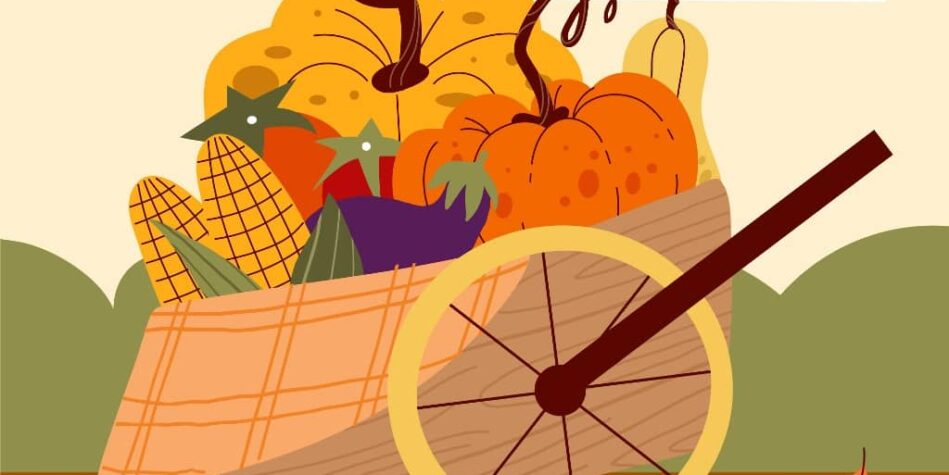 Na zdjęciu grafika przedstawiająca plony - warzywa na wózku.