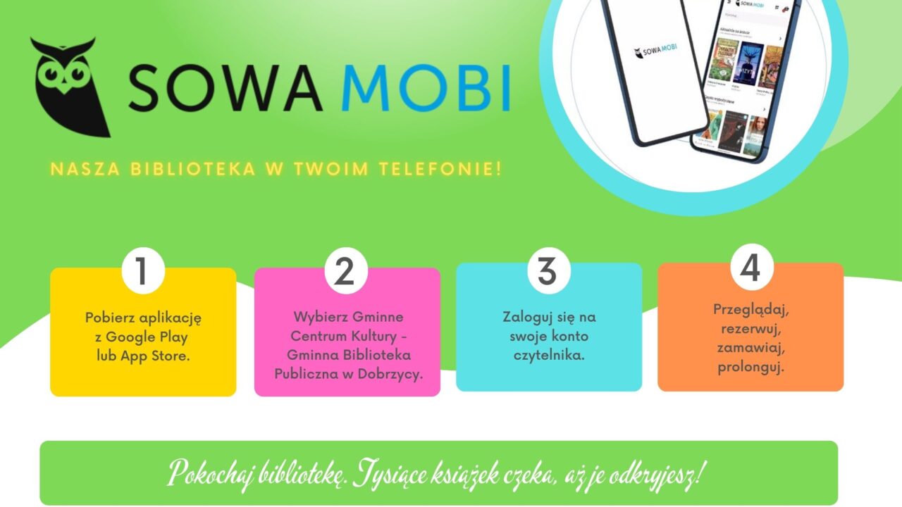 Plakat zwiera opis czterech kroków do pobrania aplikacji mobilnej Sowa Mobi