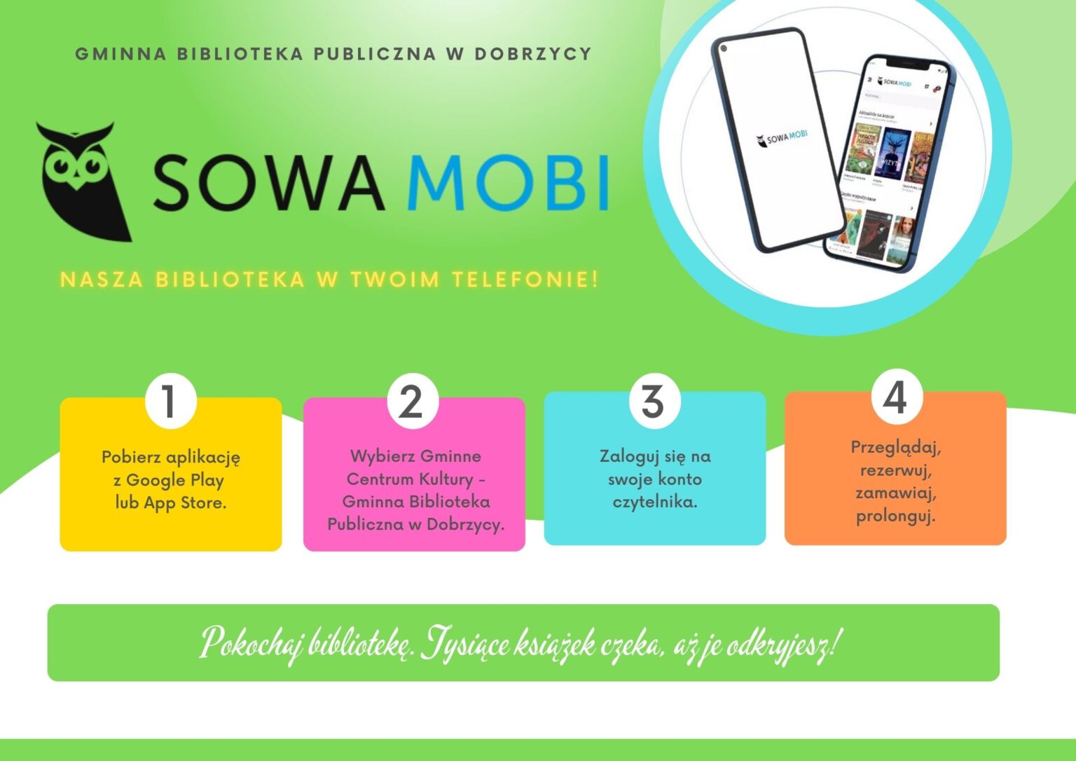 Plakat zwiera opis czterech kroków do pobrania aplikacji mobilnej Sowa Mobi