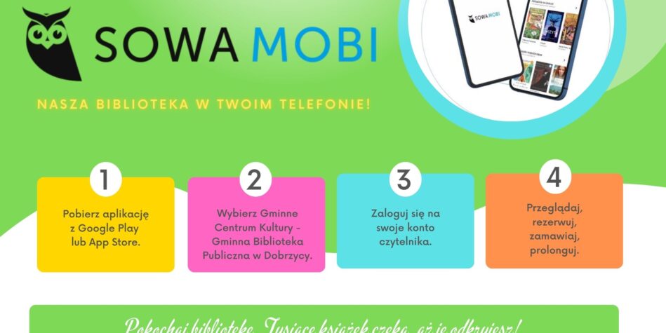 Plakat zwiera opis czterech kroków do pobrania aplikacji mobilnej Sowa Mobi